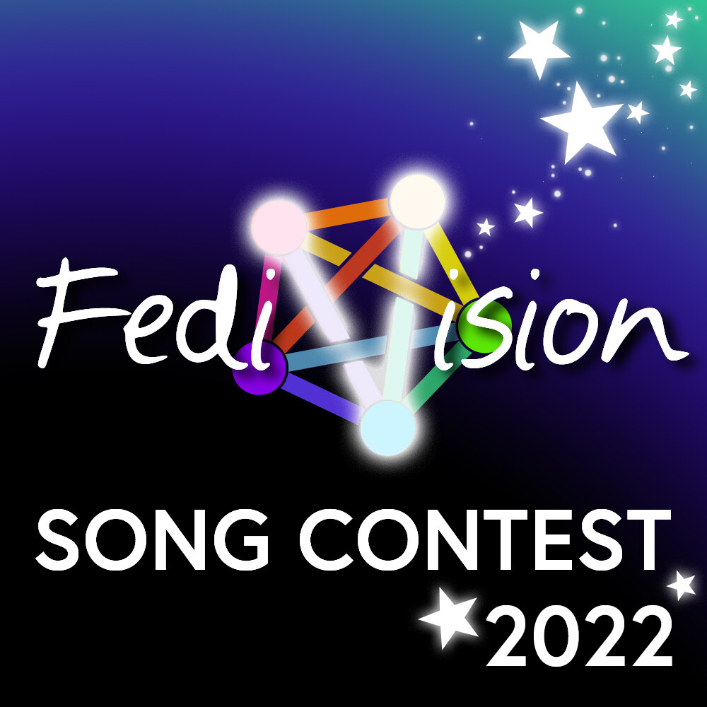 FediVision Song Contest 2022, a square logo with stars and the V in FediVision as two glowing legs in a five-pointed network symbolising the fediverse.